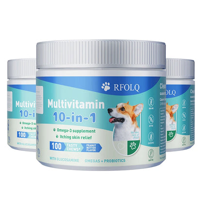 Multivitamin 10-in-1 Dog Nutritional Chewable Tablet with Glucosamine & Probiotics – Joint Support & Skin Health