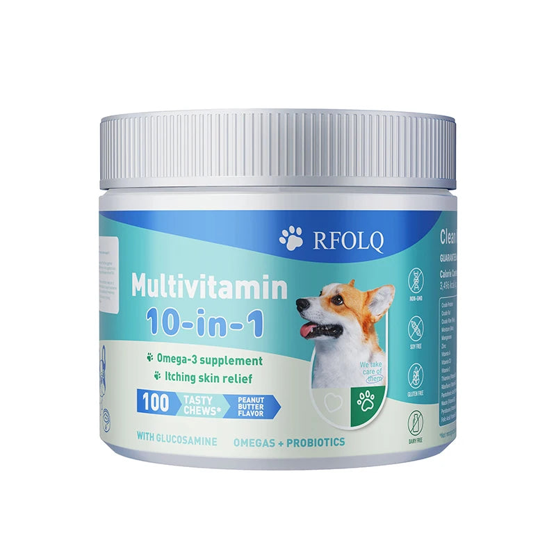 Multivitamin 10-in-1 Dog Nutritional Chewable Tablet with Glucosamine & Probiotics – Joint Support & Skin Health