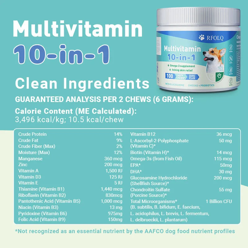 Multivitamin 10-in-1 Dog Nutritional Chewable Tablet with Glucosamine & Probiotics – Joint Support & Skin Health