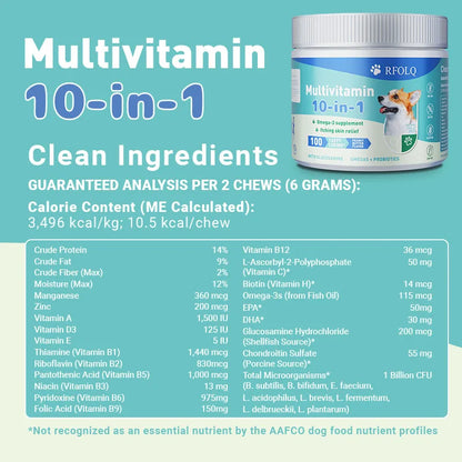 Multivitamin 10-in-1 Dog Nutritional Chewable Tablet with Glucosamine & Probiotics – Joint Support & Skin Health