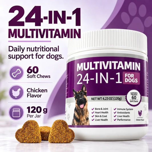 24 in 1 Dog Multivitamin Soft Chews 60 Count Chicken Flavor Daily Nutrition Supplement for Skin Coat Joint Support Pet Care 120g
