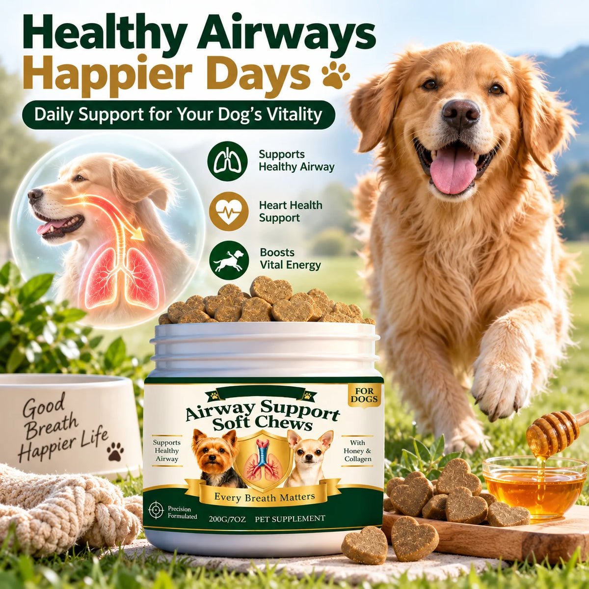 Dogs Airway Support Soft Chews Heart Wellness Vital Energy Support Maintain Healthy Hair Radiance Daily Nutrients Supplement