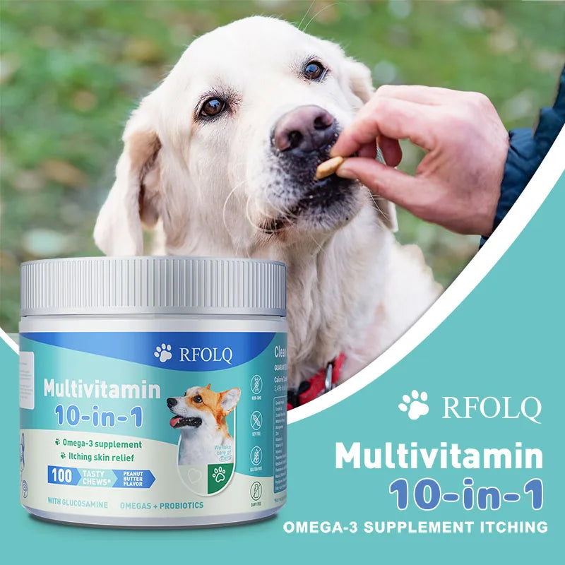 Multivitamin 10-in-1 Dog Nutritional Chewable Tablet with Glucosamine & Probiotics – Joint Support & Skin Health