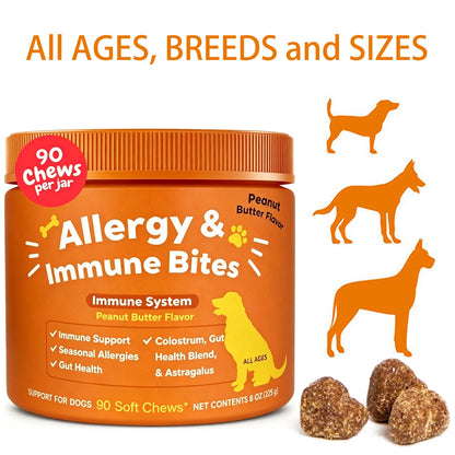 Dog Allergy & Immune Bites for Samll Medium Large, Dog Probiotics Chews for Itchy Skin and Ears - Lamb, Peanut Butter, Salmon