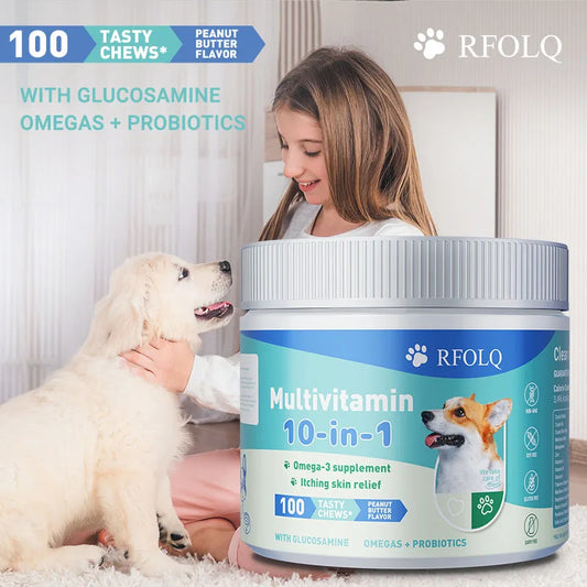 Multivitamin 10-in-1 Dog Nutritional Chewable Tablet with Glucosamine & Probiotics – Joint Support & Skin Health