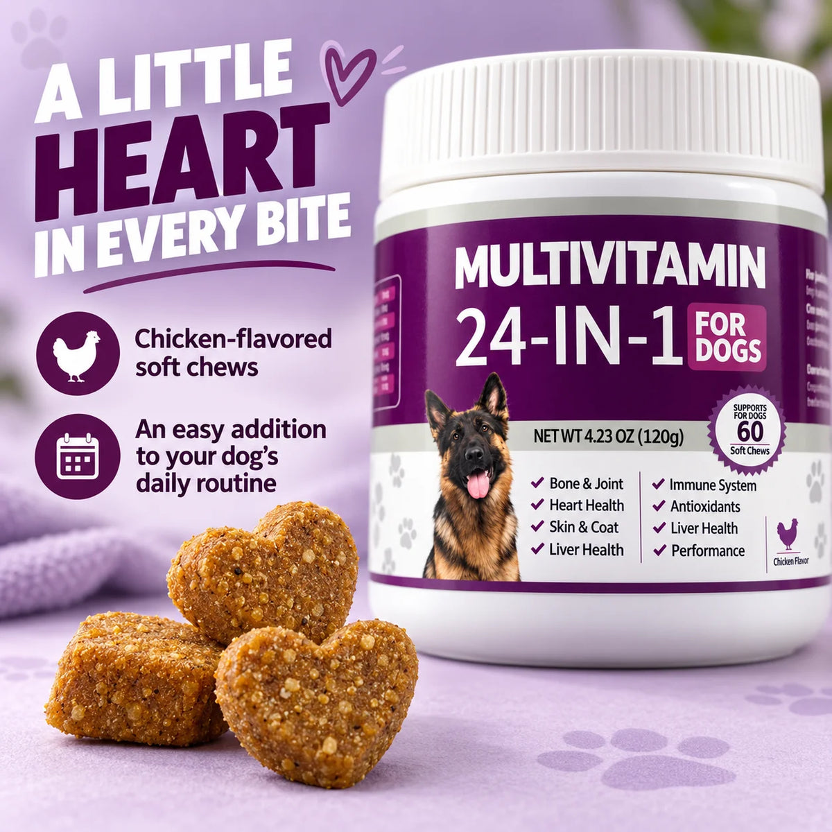 24 in 1 Dog Multivitamin Soft Chews 60 Count Chicken Flavor Daily Nutrition Supplement for Skin Coat Joint Support Pet Care 120g