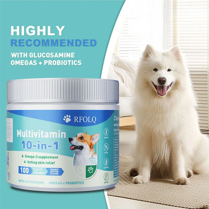 Multivitamin 10-in-1 Dog Nutritional Chewable Tablet with Glucosamine & Probiotics – Joint Support & Skin Health