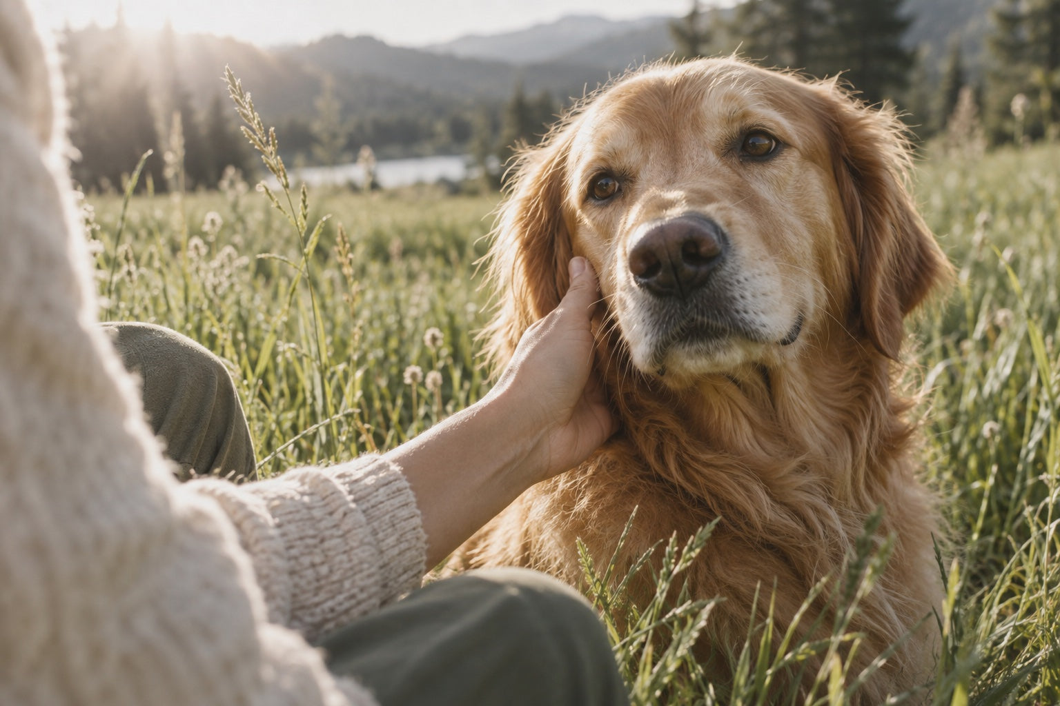 A golden retriever and their companion outdoors